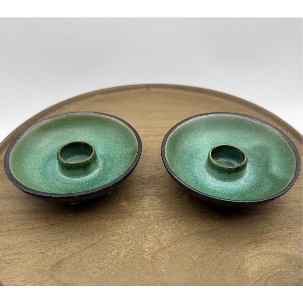 MCM Gotek Colonia Tovar Venezuela Pottery Candle Holder Set Green Crackle Glaze - Picture 1 of 10